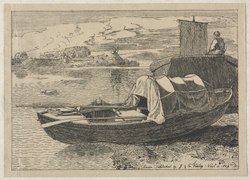 Boats on a River, Windmill in Distance. 1809 lithograph