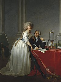 Full-length portraits of a man and a woman. The man is seated at a table covered with a bright red cloth, looking up at the woman, and she is looking out at the viewer. They occupy the bottom half of the painting, while the top half resembles marble and pillars. She is wearing a white dress with a blue sash and he is wearing a dark coloured suit. Glass chemistry equipment sits on the table and on the floor.